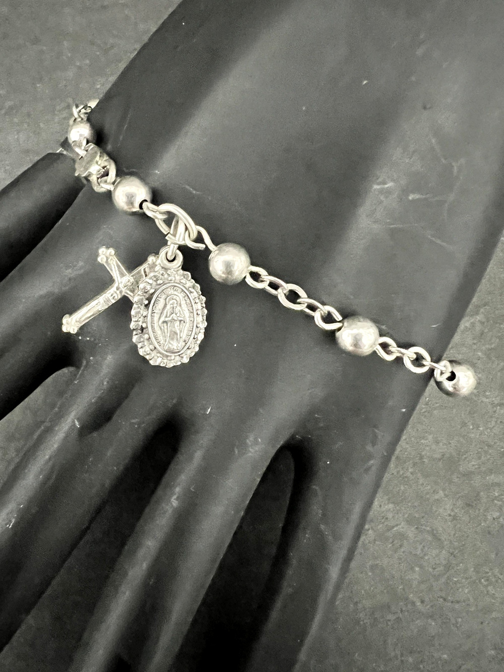 Sterling Silver Bracelet w/ Cross & Diamond Point Creed Mother Mary Charms VTG